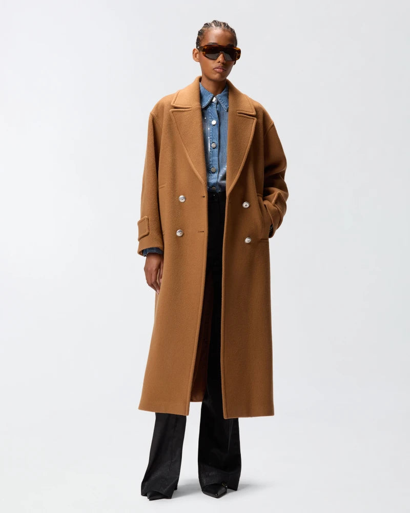 Cappotto doppiopetto lungo in panno misto lana