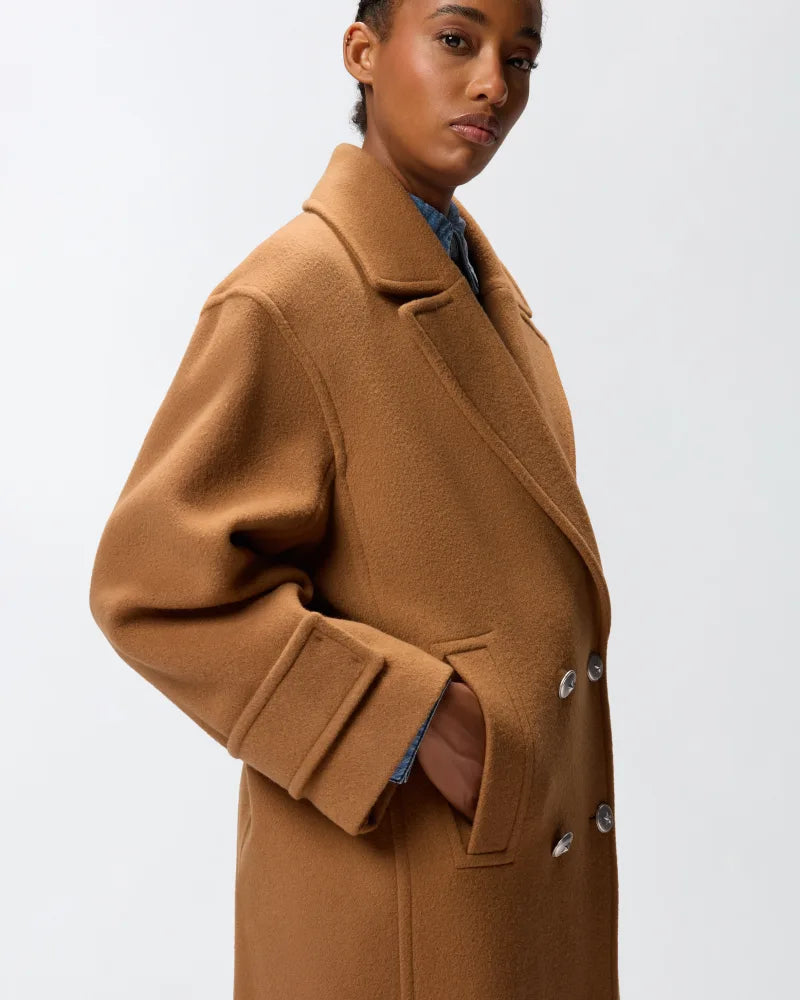 Cappotto doppiopetto lungo in panno misto lana