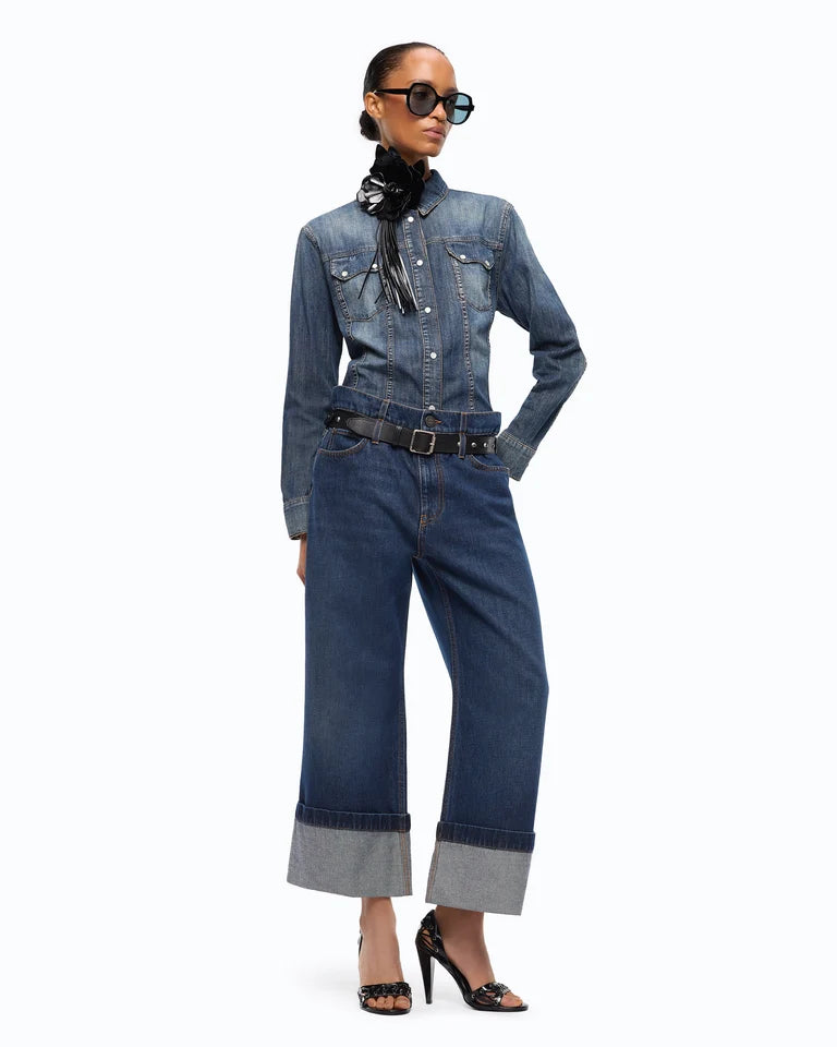 Jeans cropped con cintura in pelle