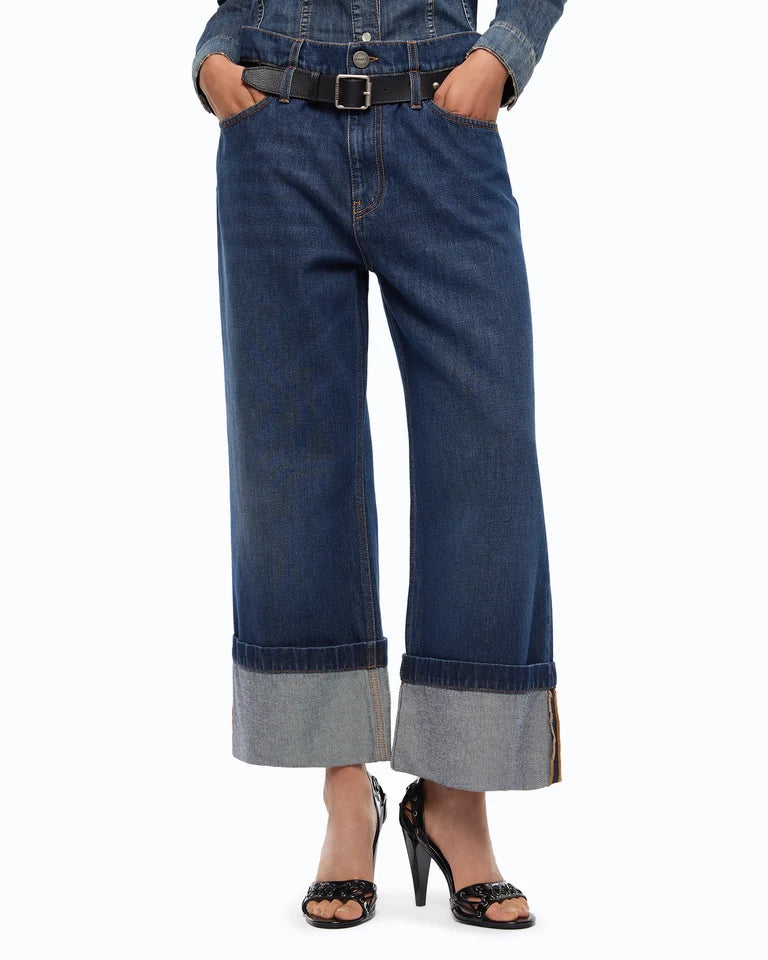 Jeans cropped con cintura in pelle