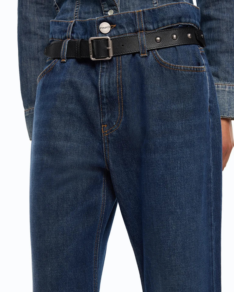 Jeans cropped con cintura in pelle