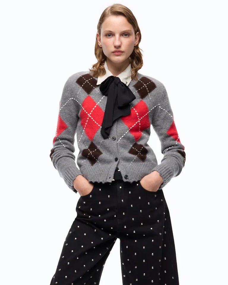 Cardigan girocollo in lana e cashmere a rombi