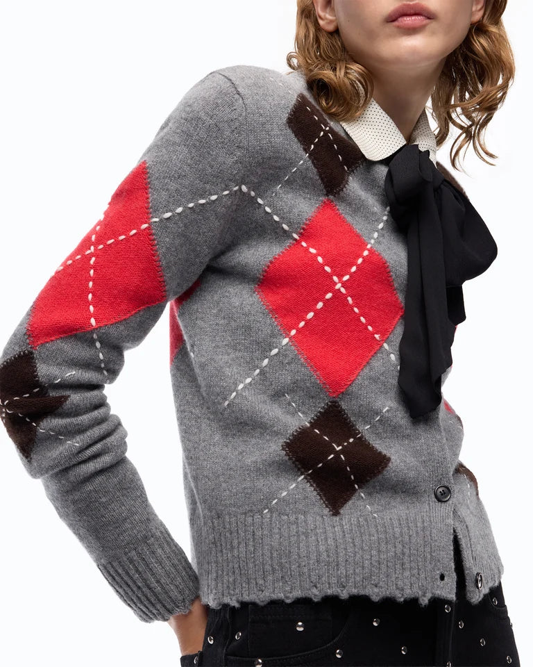 Cardigan girocollo in lana e cashmere a rombi