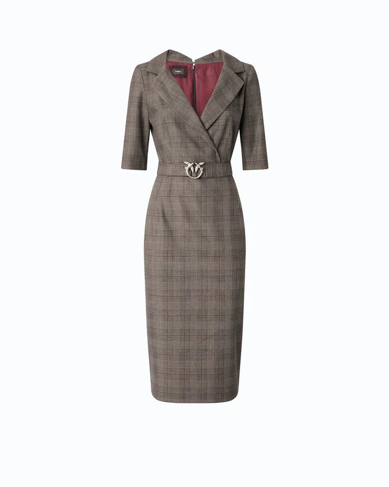Abito aderente in lana check con cintura Love Birds