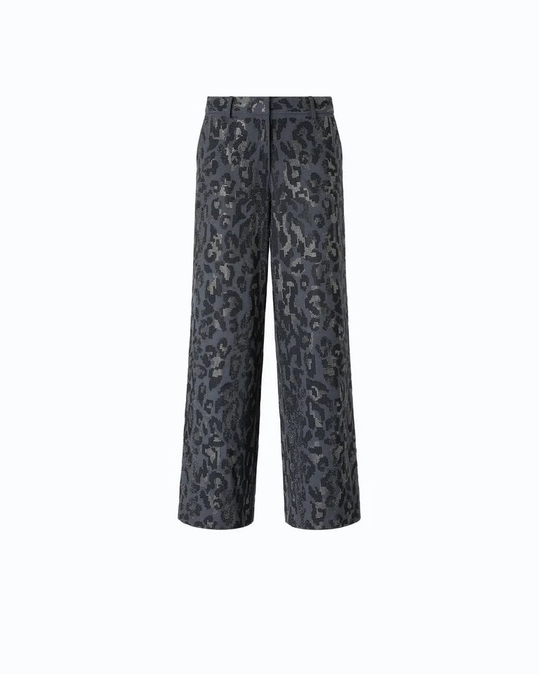 Pantalone wide leg con fantasia maculata e microstrass