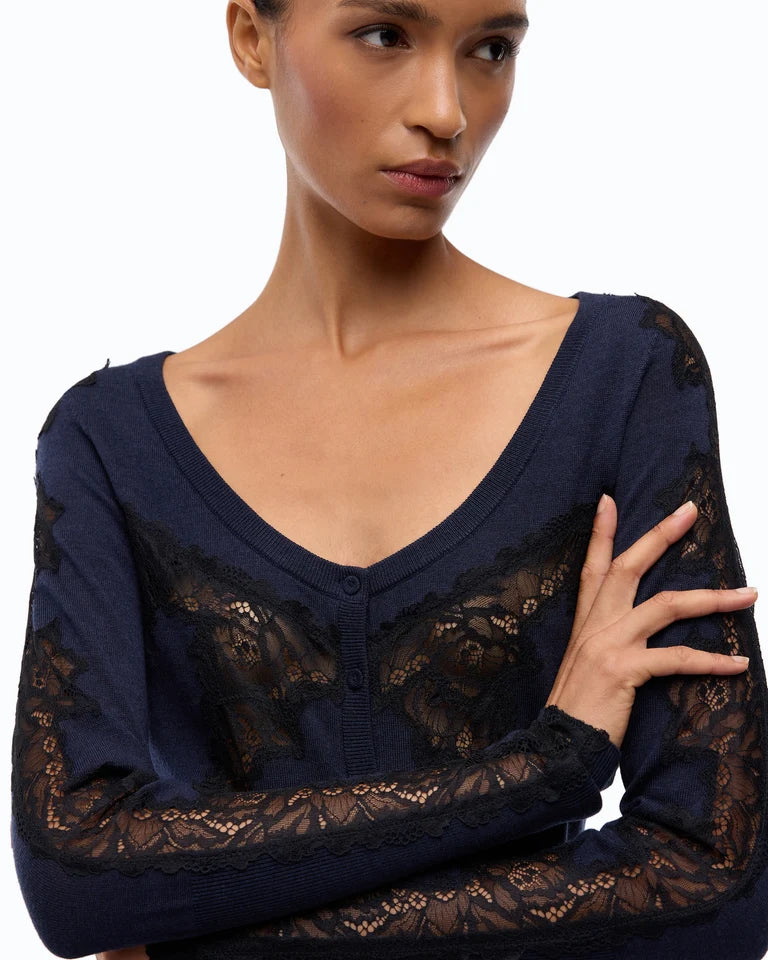 Cardigan in lana con inserti in pizzo