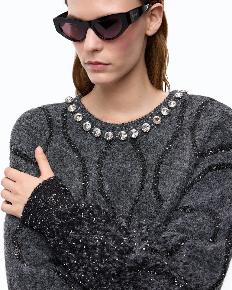 Maglione con collo gioiello e micro paillettes