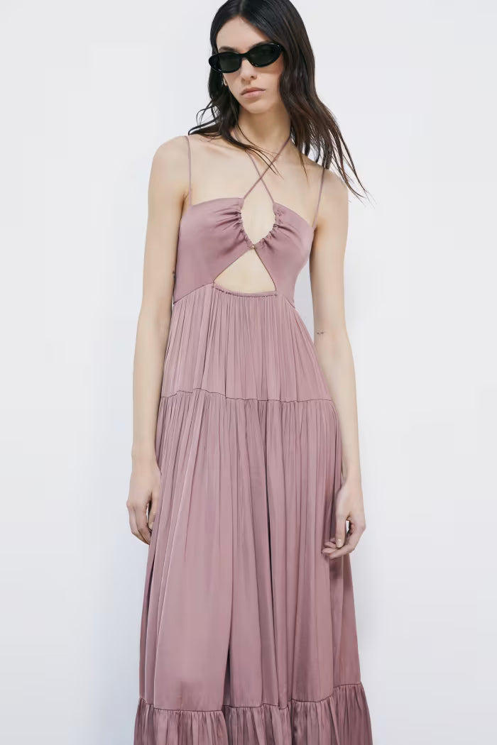 Abito lungo in raso con cut-out