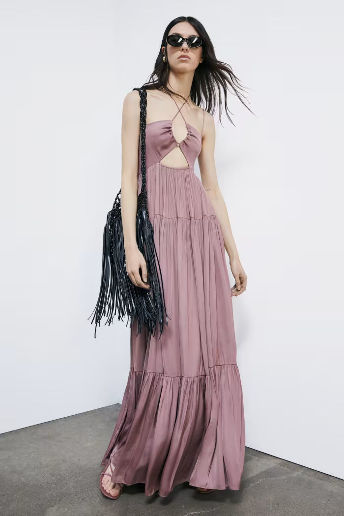 Abito lungo in raso con cut-out