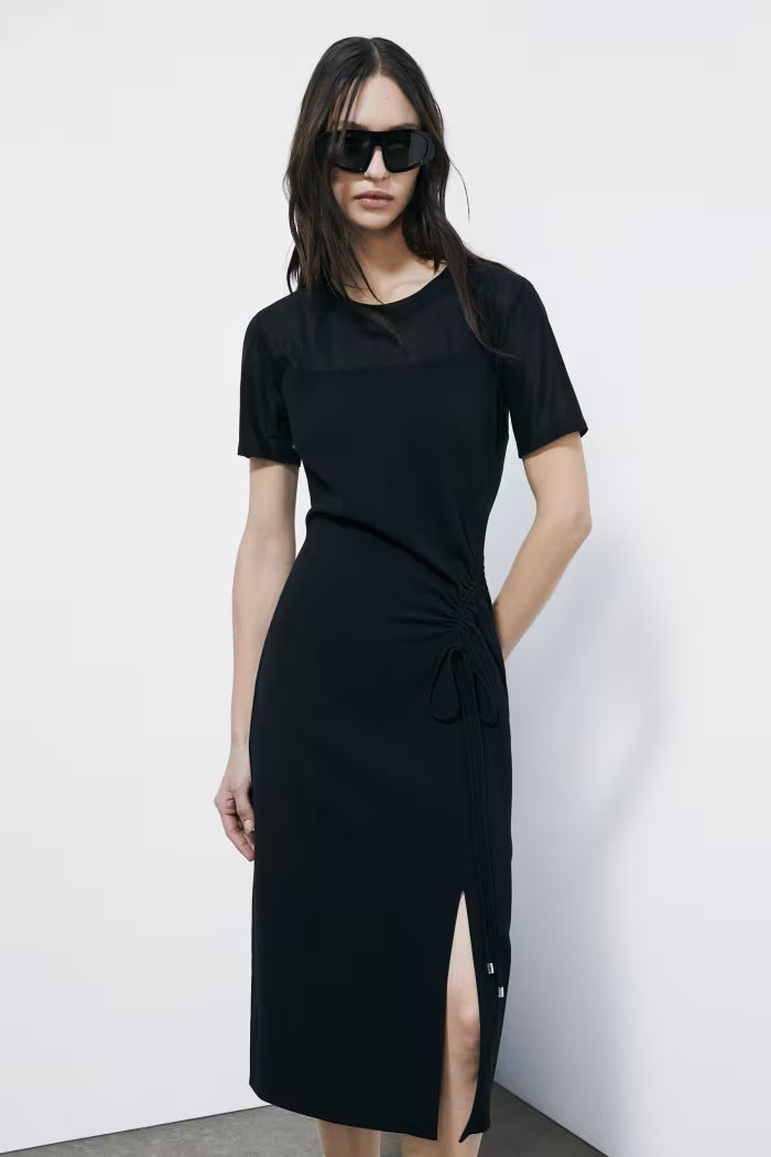Abito midi in twill con arriccio