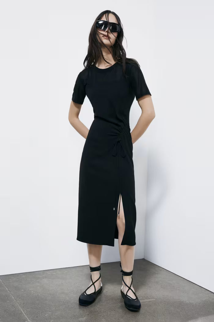 Abito midi in twill con arriccio