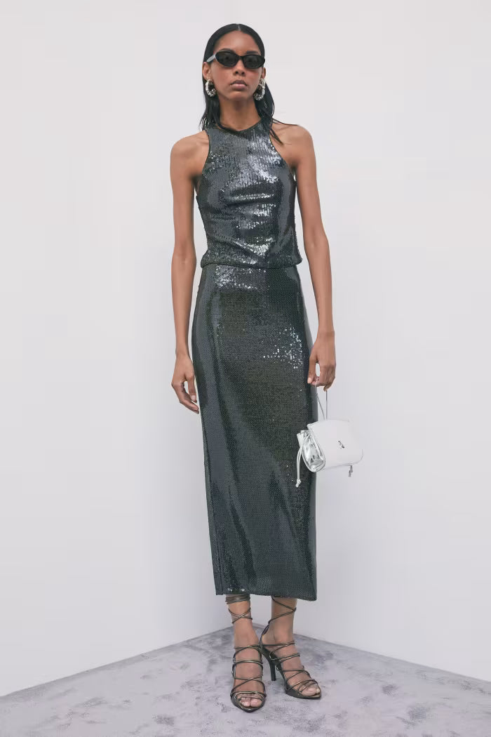 Gonna lunga con paillettes in tulle