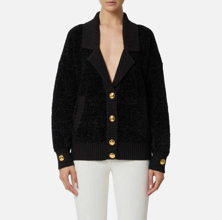 Cardigan in ciniglia bouclé con bottoni gioiello